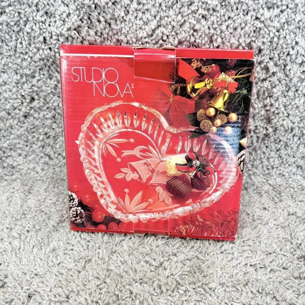 Vintage Studio Nova Japan Glass Big Christmas Heart Holiday Candy Dish Bowl Box